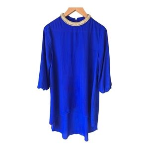 Moa Moa Royal Blue Tunic Sz M Women Embellished Collar Hi-Low Coastal
